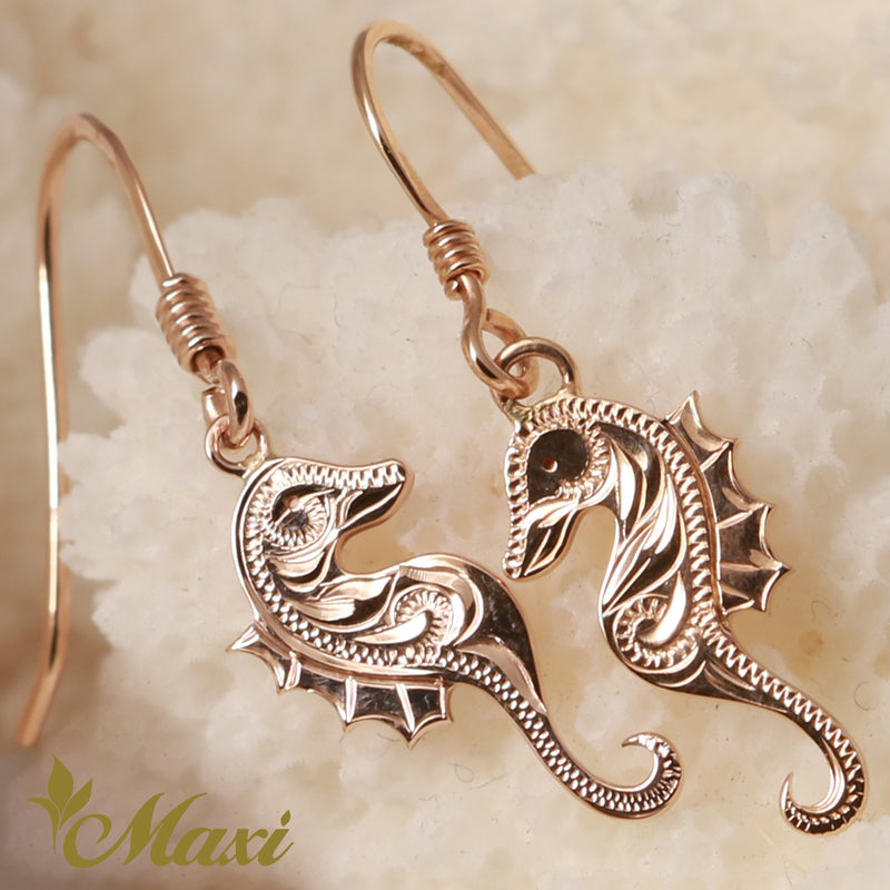 [14K Yellow Gold] Seahorse Pierced Earring-Hand Engraved Traditional Hawaiian Design*Made-to-order* (E0178)