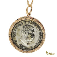 [14K Yellow Gold] King Kalakaua Coin Pendant Large-Hand Engraved Traditional Hawaiian Design (P0944)