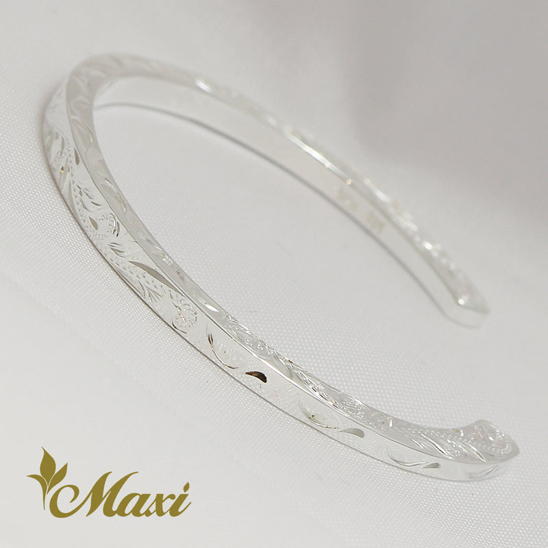 [Silver 925] 4mm Flat Bangle Bracelet Hand Engraved Traditional Hawaiian Design*Made-to-order* (B0577)