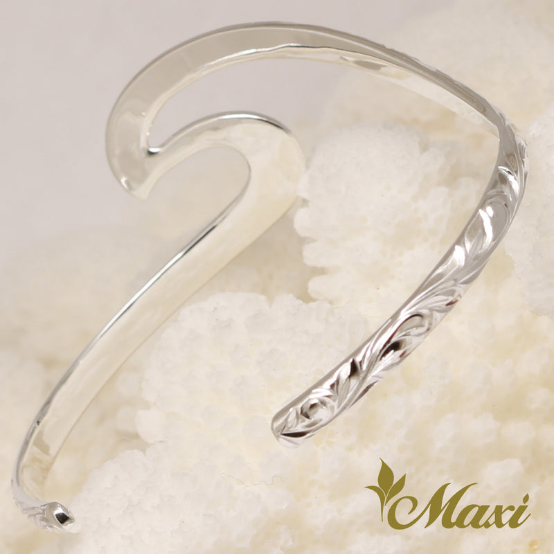 [Silver 925] Large Nalu Wave Bangle -Hand Engraved Traditional Hawaiian Design (B0585)