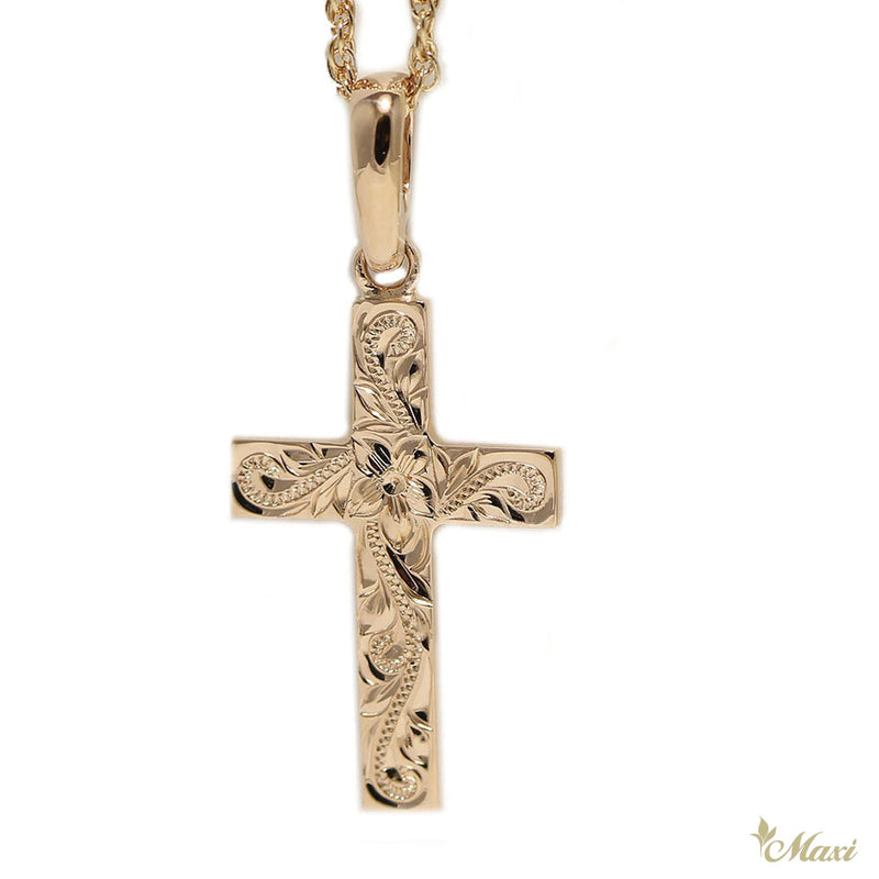 [14K Gold] -Cross Pendant/ Hand Engraved Traditional Hawaiian Design (C0037)