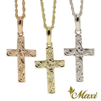 [14K Gold] -Cross Pendant/ Hand Engraved Traditional Hawaiian Design (C0037)