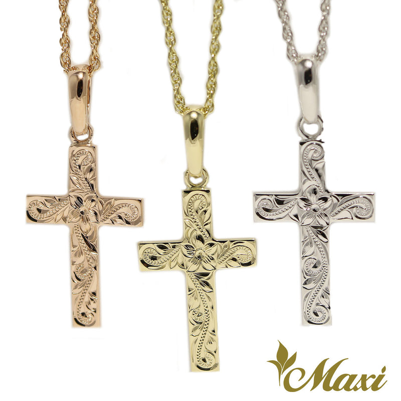 [14K Gold] -Cross Pendant/ Hand Engraved Traditional Hawaiian Design (C0037)