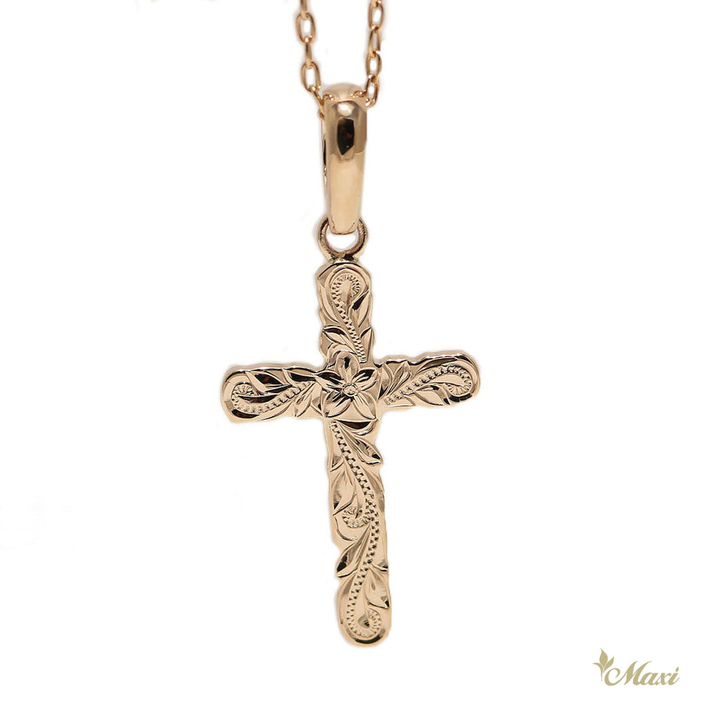 [14K Gold] -Cross Pendant/ Hand Engraved Traditional Hawaiian Design (C0038)