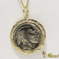 [14K Yellow Gold] Buffalo Nickel Coin Pendant-Hand Engraved Traditional Hawaiian Design*Made-to-order* (P1229)