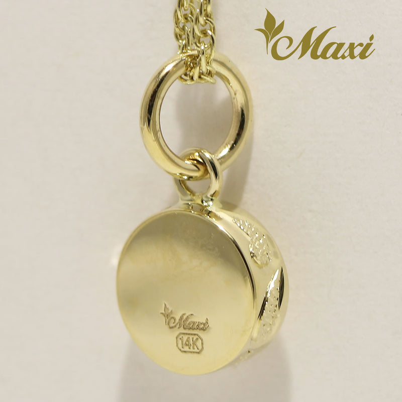 [14K Gold] Round Pendant with Crystal Stone-Hand Engraved Traditional Hawaiian Design (P0903)