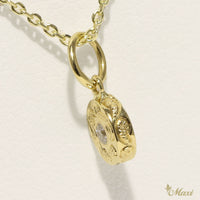 [14K Gold] Round Stone Pendant Small-Hand Engraved Traditional Hawaiian Design (P0909)