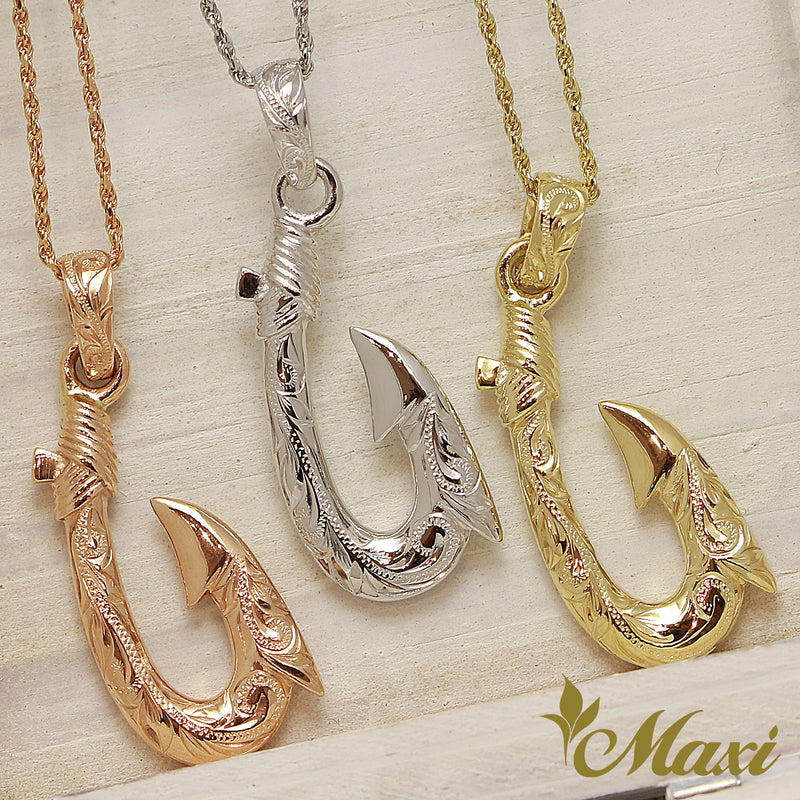 14K Gold] Fishhook Pendant Small-Hand Engraved Traditional