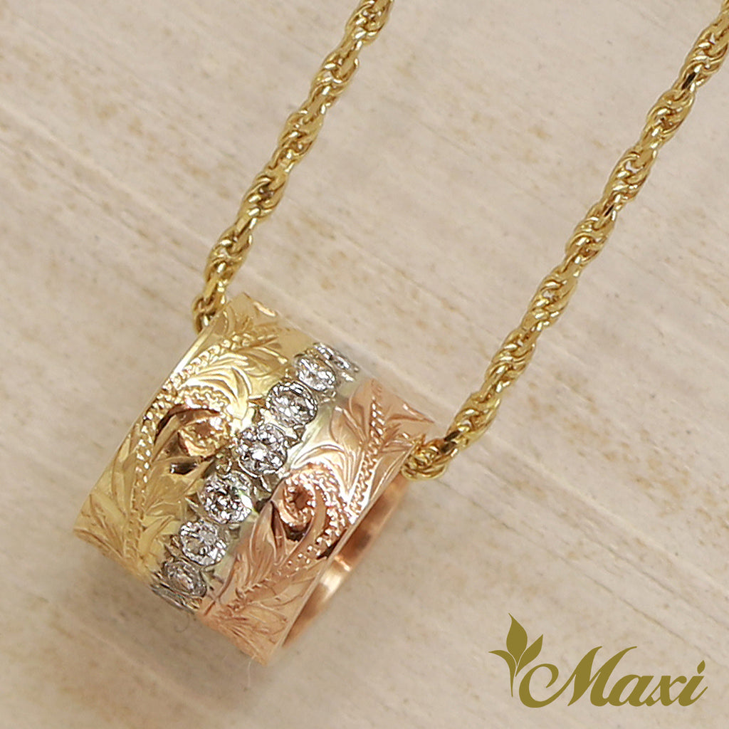 [14K Gold] 3Tone Large Tube Pendant Top with Diamond *Made-to-order* (TRD)　 14金　３カラー　チューブ　ペンダント　ネックレス