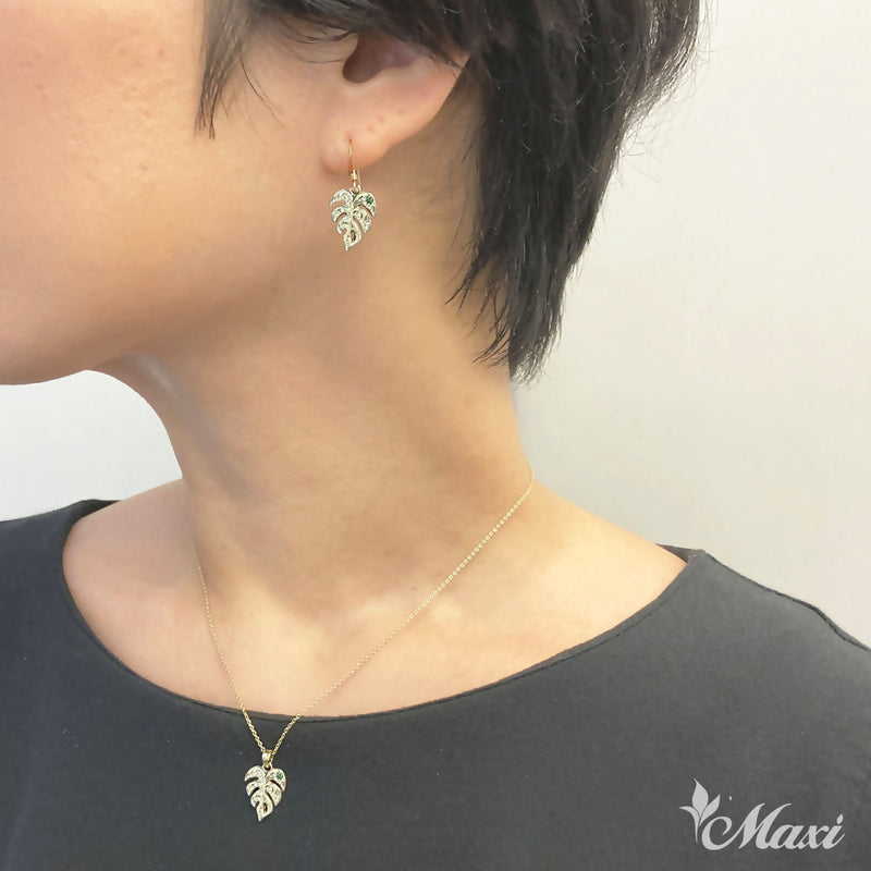 [14K Gold] Hawaiian Monstera Leaf Diamond Hook Pierced Earring (P1255 hook Ear+Dia) *Made to Order*