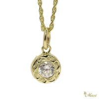 [14K Gold] Round Pendant with Crystal Stone-Hand Engraved Traditional Hawaiian Design (P0903)